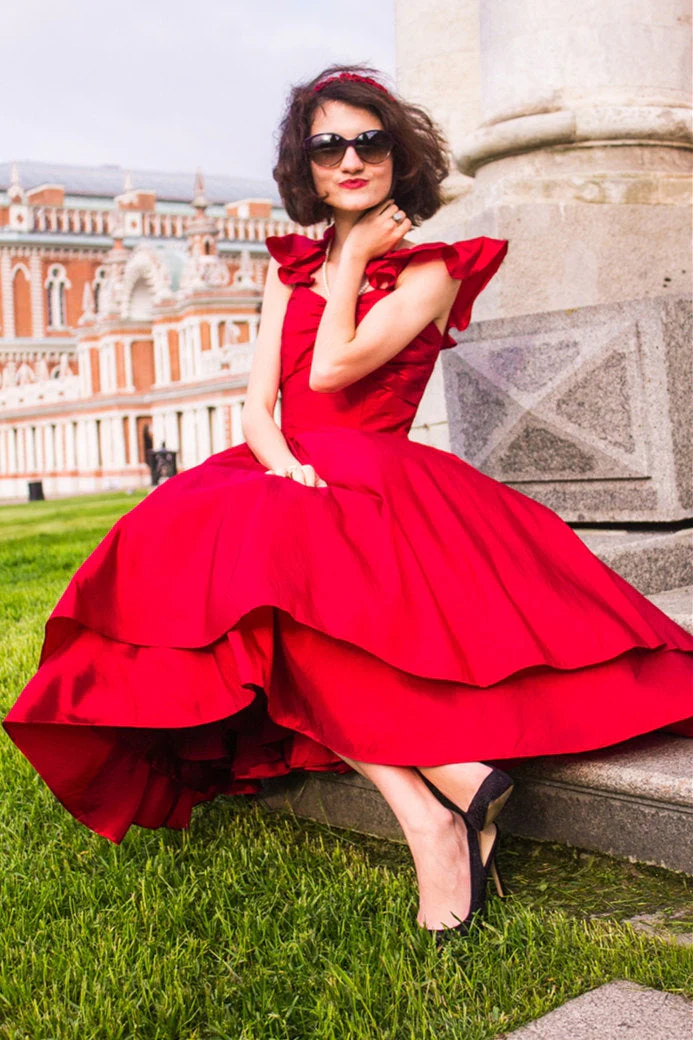 A-line Spaghetti Strap Tea Length Charmuse Homecoming Dress - Image 8