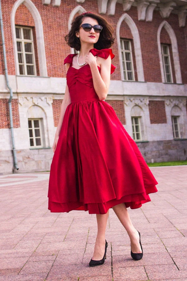 A-line Spaghetti Strap Tea Length Charmuse Homecoming Dress - Image 9