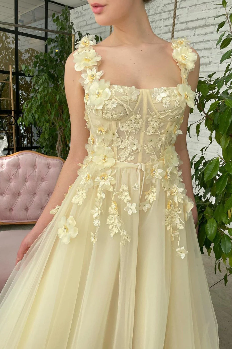 A-line Square Floor-length Sleeveless Open Back Appliques Lace Prom Dress - Image 2