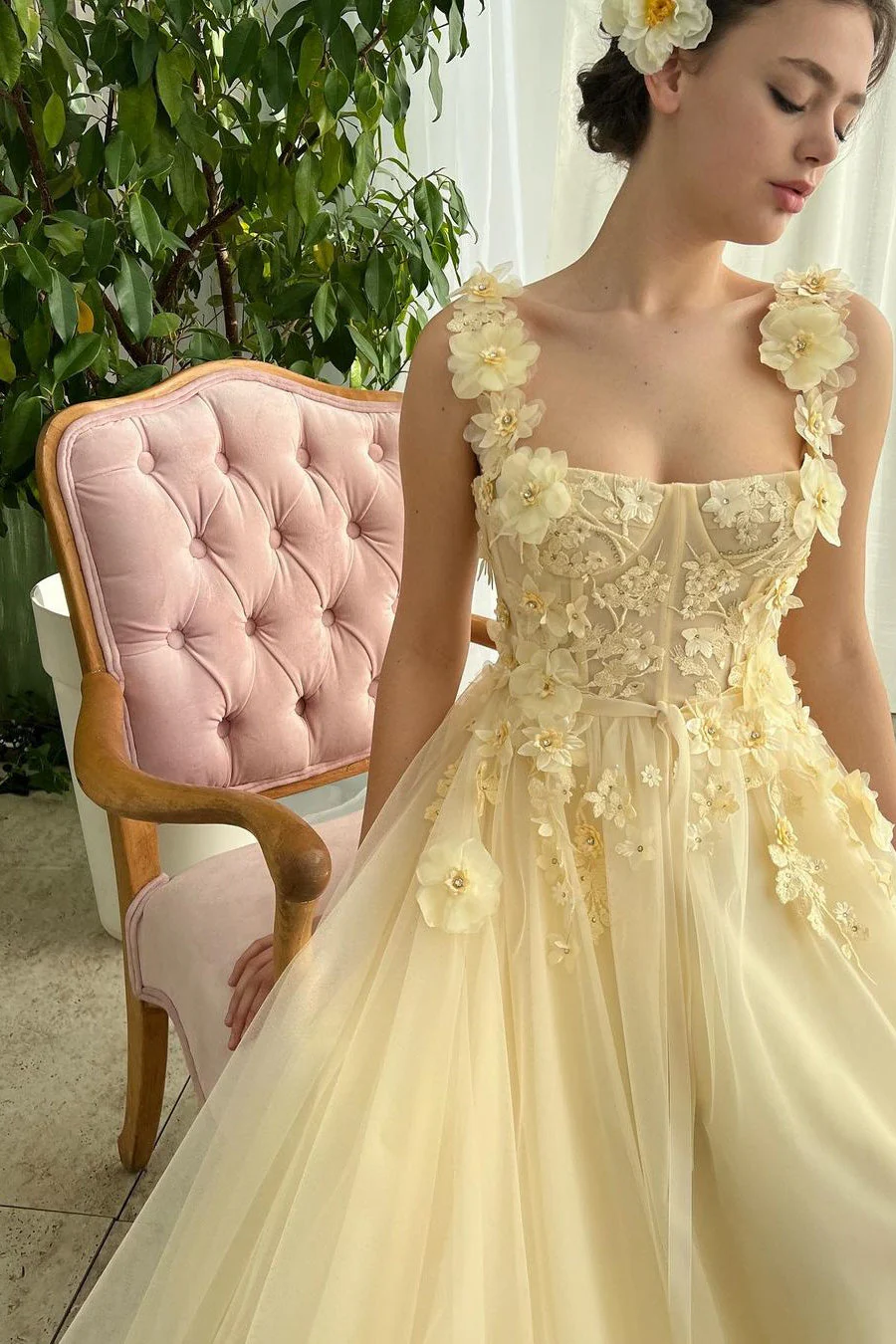 A-line Square Floor-length Sleeveless Open Back Appliques Lace Prom Dress - Image 3