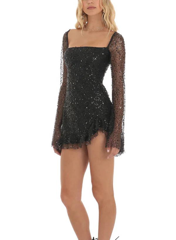 A-Line Square Neckline Long Sleeves Short/Mini Sequined Homecoming Dresses - Image 2