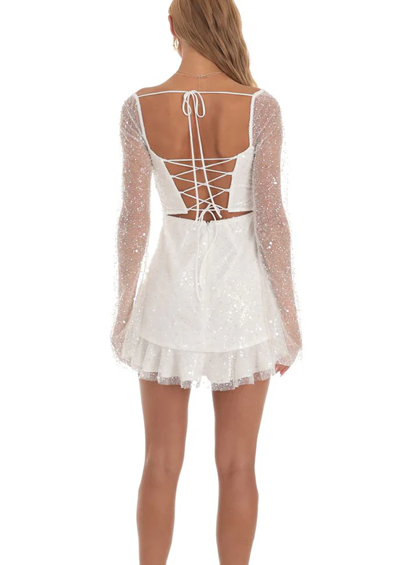 A-Line Square Neckline Long Sleeves Short/Mini Sequined Homecoming Dresses - Image 4