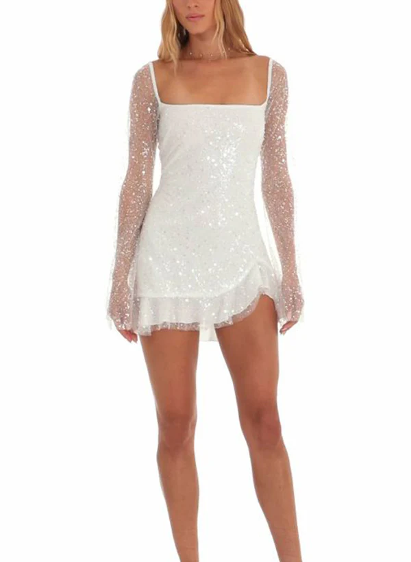 A-Line Square Neckline Long Sleeves Short/Mini Sequined Homecoming Dresses - Image 5