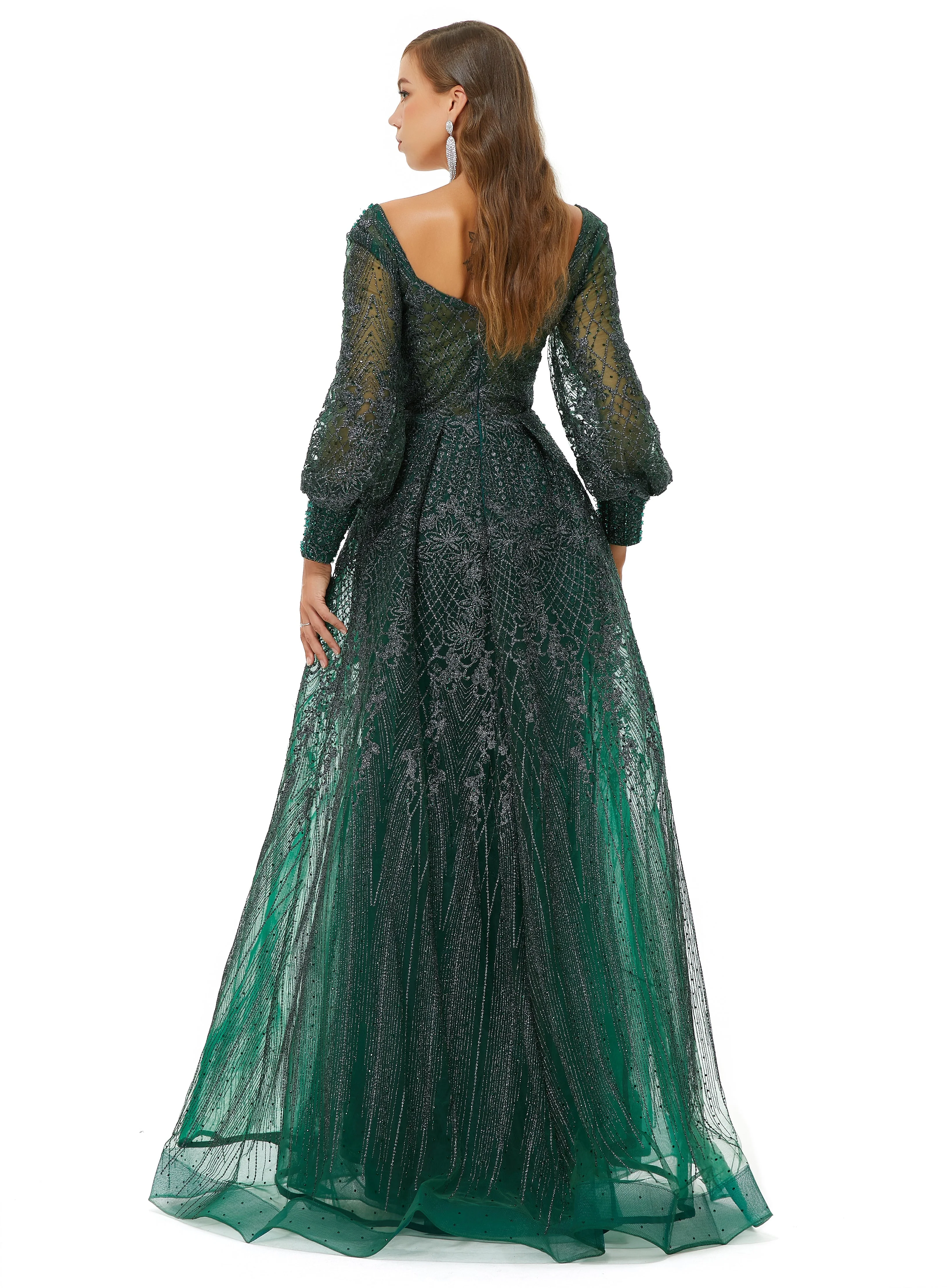 A-line Square Neckline Sequined Floor-length Long Sleeve Open Back Appliques Lace Prom Dress - Image 2