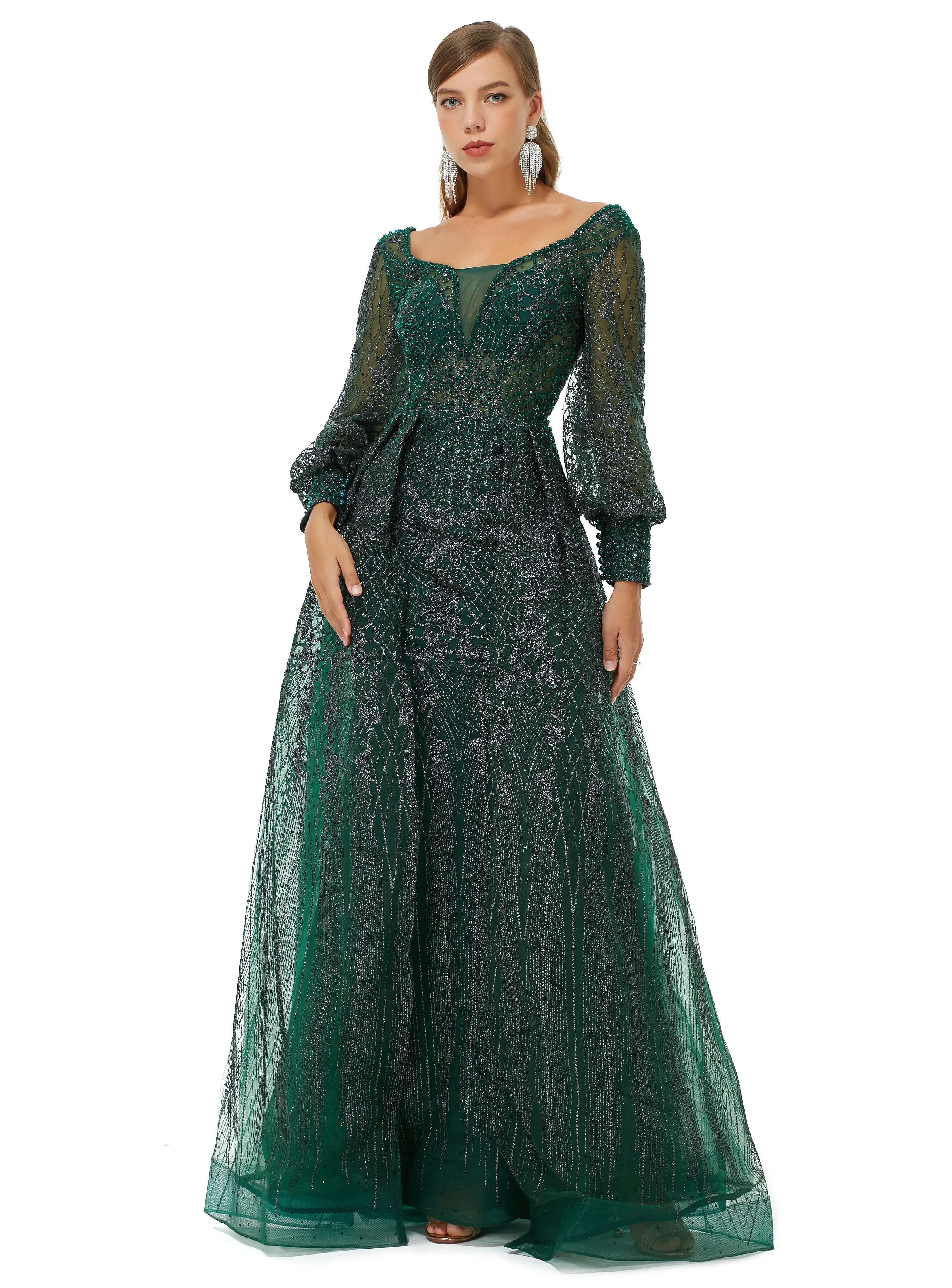 A-line Square Neckline Sequined Floor-length Long Sleeve Open Back Appliques Lace Prom Dress - Image 3