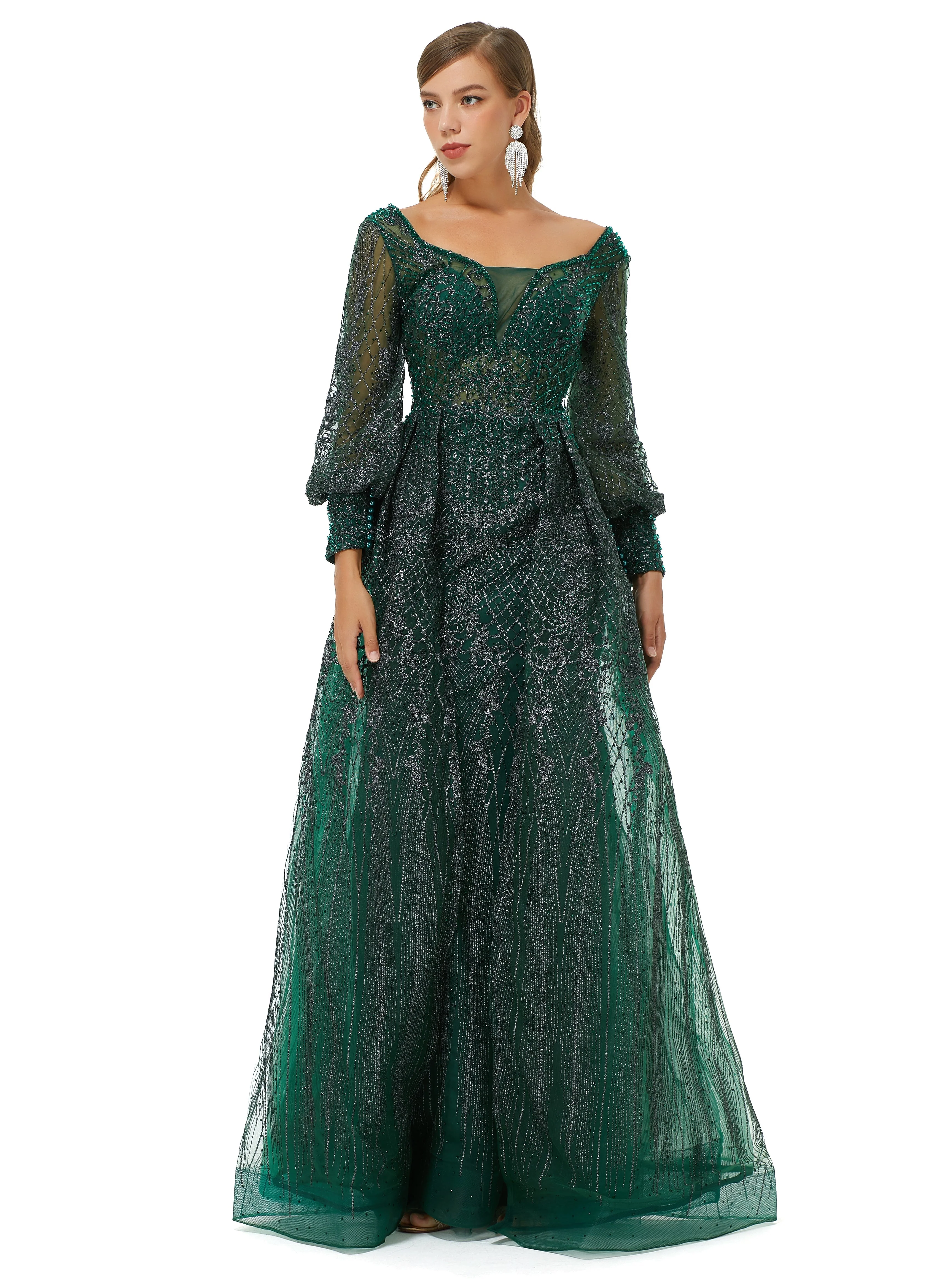 A-line Square Neckline Sequined Floor-length Long Sleeve Open Back Appliques Lace Prom Dress - Image 4