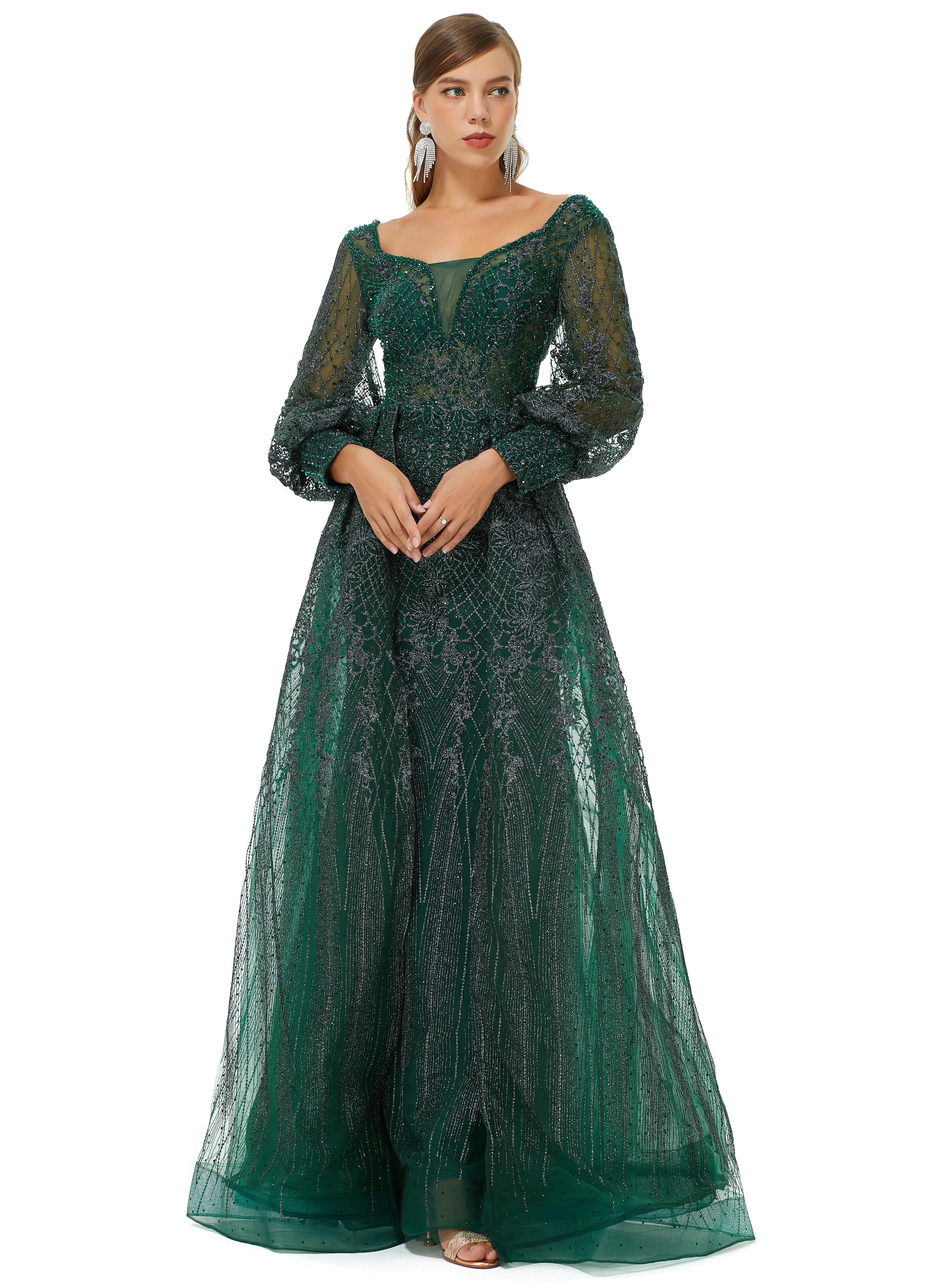 A-line Square Neckline Sequined Floor-length Long Sleeve Open Back Appliques Lace Prom Dress - Image 5
