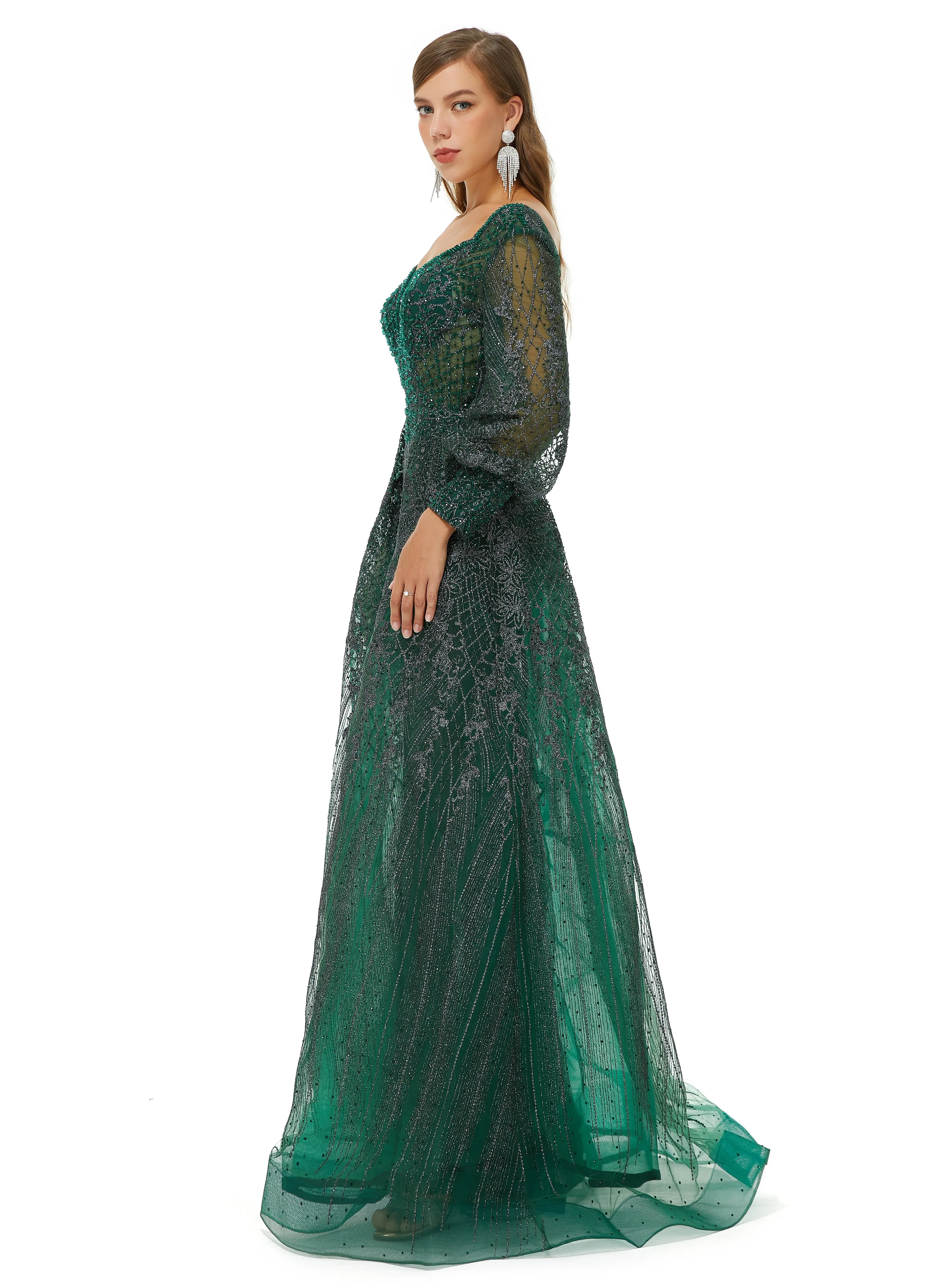 A-line Square Neckline Sequined Floor-length Long Sleeve Open Back Appliques Lace Prom Dress - Image 6
