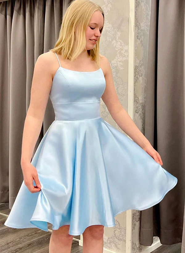 A-line Square Neckline Sleeveless Satin Short/Mini Homecoming Dress - Image 2