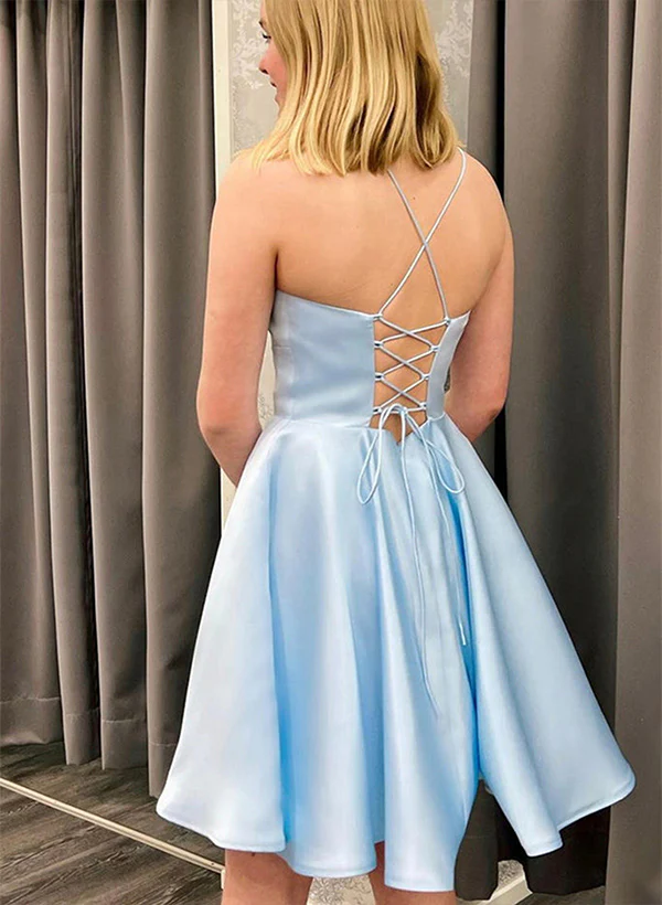 A-line Square Neckline Sleeveless Satin Short/Mini Homecoming Dress - Image 3