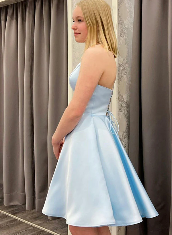 A-line Square Neckline Sleeveless Satin Short/Mini Homecoming Dress - Image 4