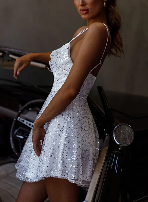 A-Line Square Neckline Sleeveless Short/Mini Sequined Homecoming Dresses - Image 4