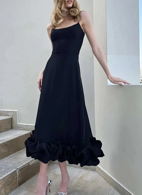 A-Line Square Neckline Sleeveless Tea-Length Elastic Satin Homecoming Dresses - Image 2