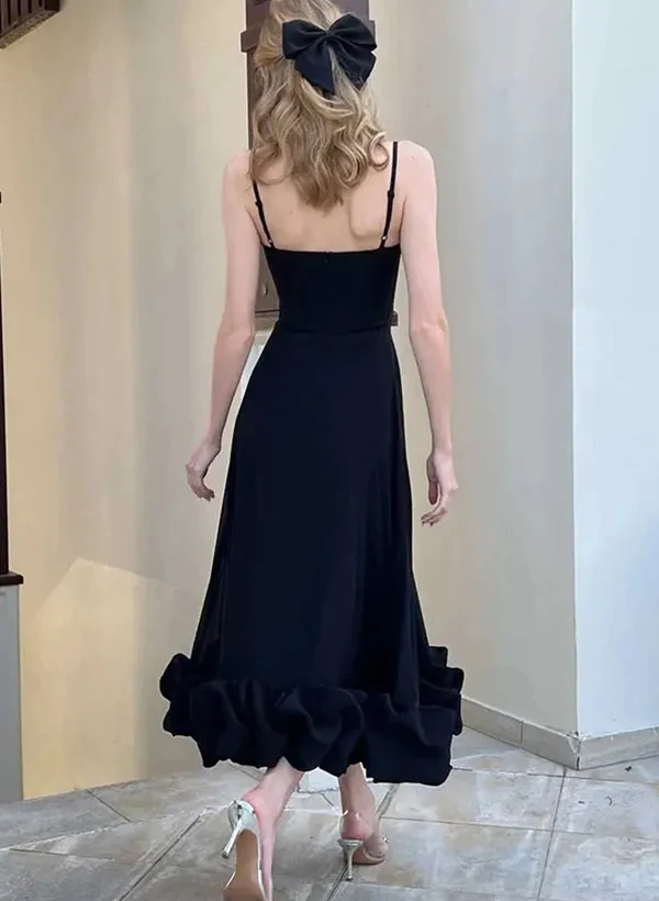 A-Line Square Neckline Sleeveless Tea-Length Elastic Satin Homecoming Dresses - Image 3