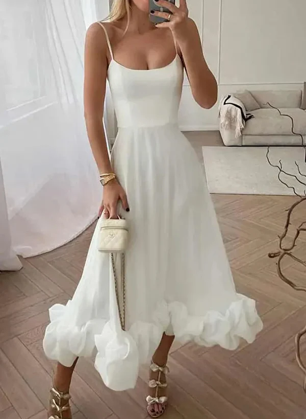 A-Line Square Neckline Sleeveless Tea-Length Elastic Satin Homecoming Dresses - Image 4