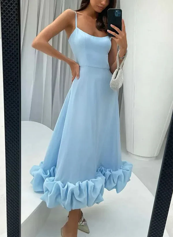 A-Line Square Neckline Sleeveless Tea-Length Elastic Satin Homecoming Dresses - Image 5