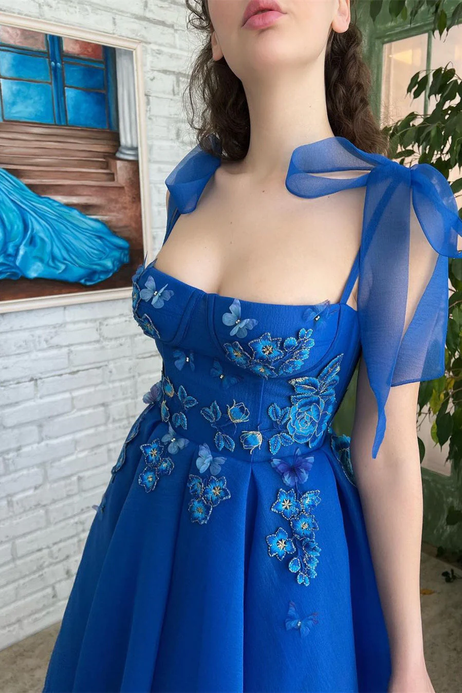 A-line Square Tea-length Sleeveless Open Back Appliques Lace Cute Prom Dress - Image 2