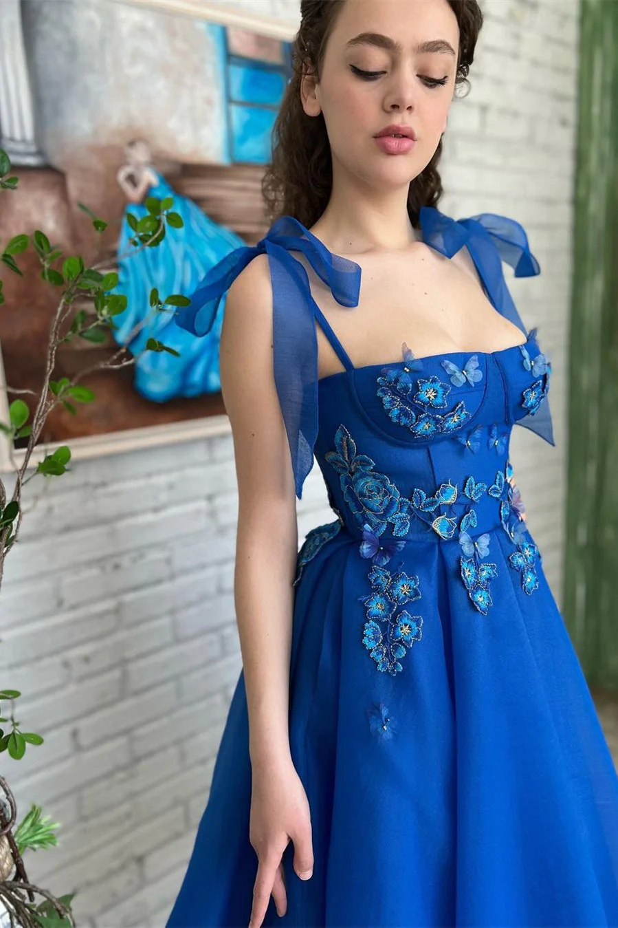 A-line Square Tea-length Sleeveless Open Back Appliques Lace Cute Prom Dress - Image 3