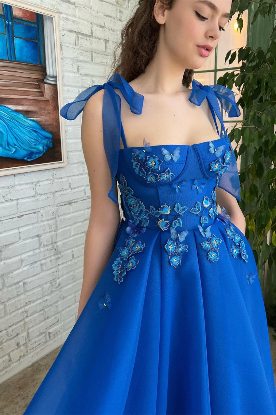 A-line Square Tea-length Sleeveless Open Back Appliques Lace Cute Prom Dress - Image 4