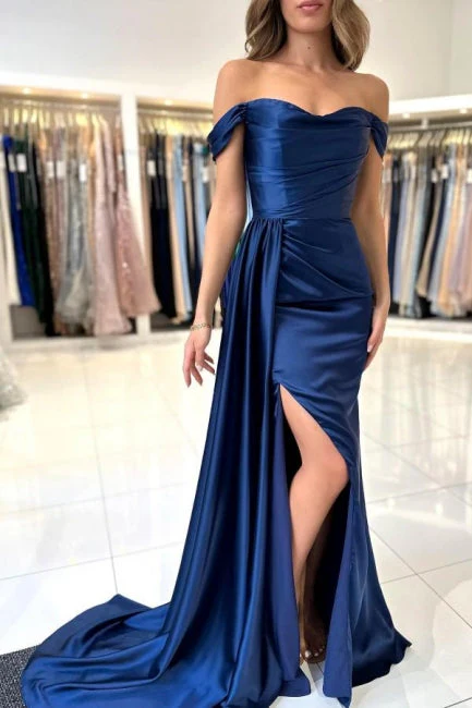 Ballbella Stain Royal Blue Sweetheart Slit Front Off-the-Shoulder Strapless Evening Dress with Ruffles - Image 2
