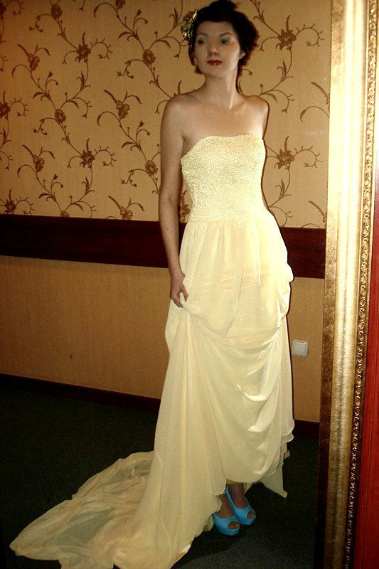 A-line Strapless Floor Length Chapel Chiffon Paillette Prom Dress - Image 5