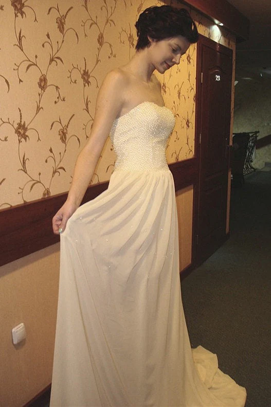 A-line Strapless Floor Length Chapel Chiffon Paillette Prom Dress - Image 6