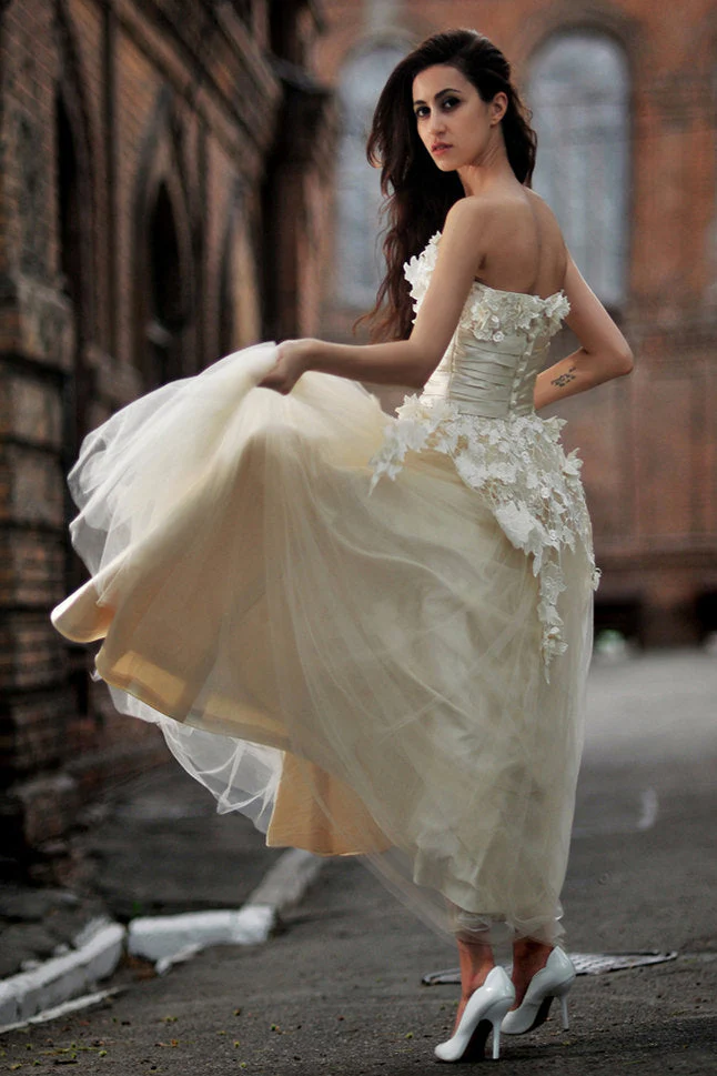 A-line Strapless Floor Length Charmuse Tulle Applique Wedding Dress - Image 3