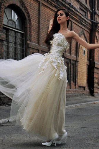A-line Strapless Floor Length Charmuse Tulle Applique Wedding Dress - Image 4