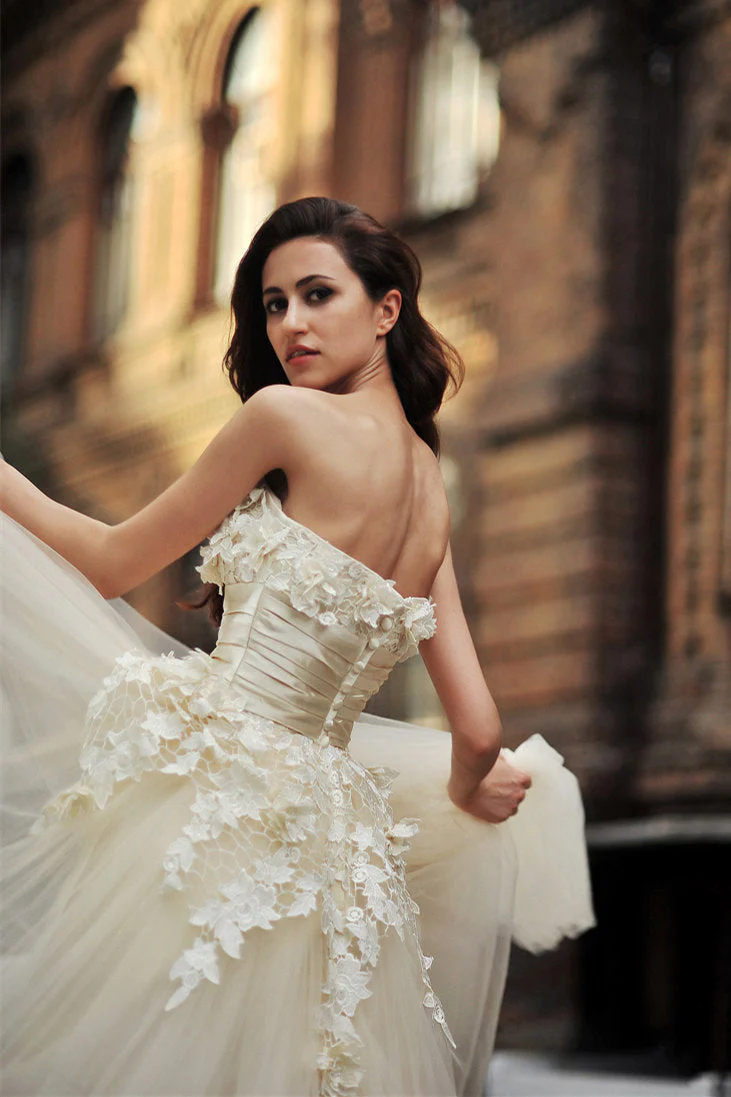 A-line Strapless Floor Length Charmuse Tulle Applique Wedding Dress - Image 7