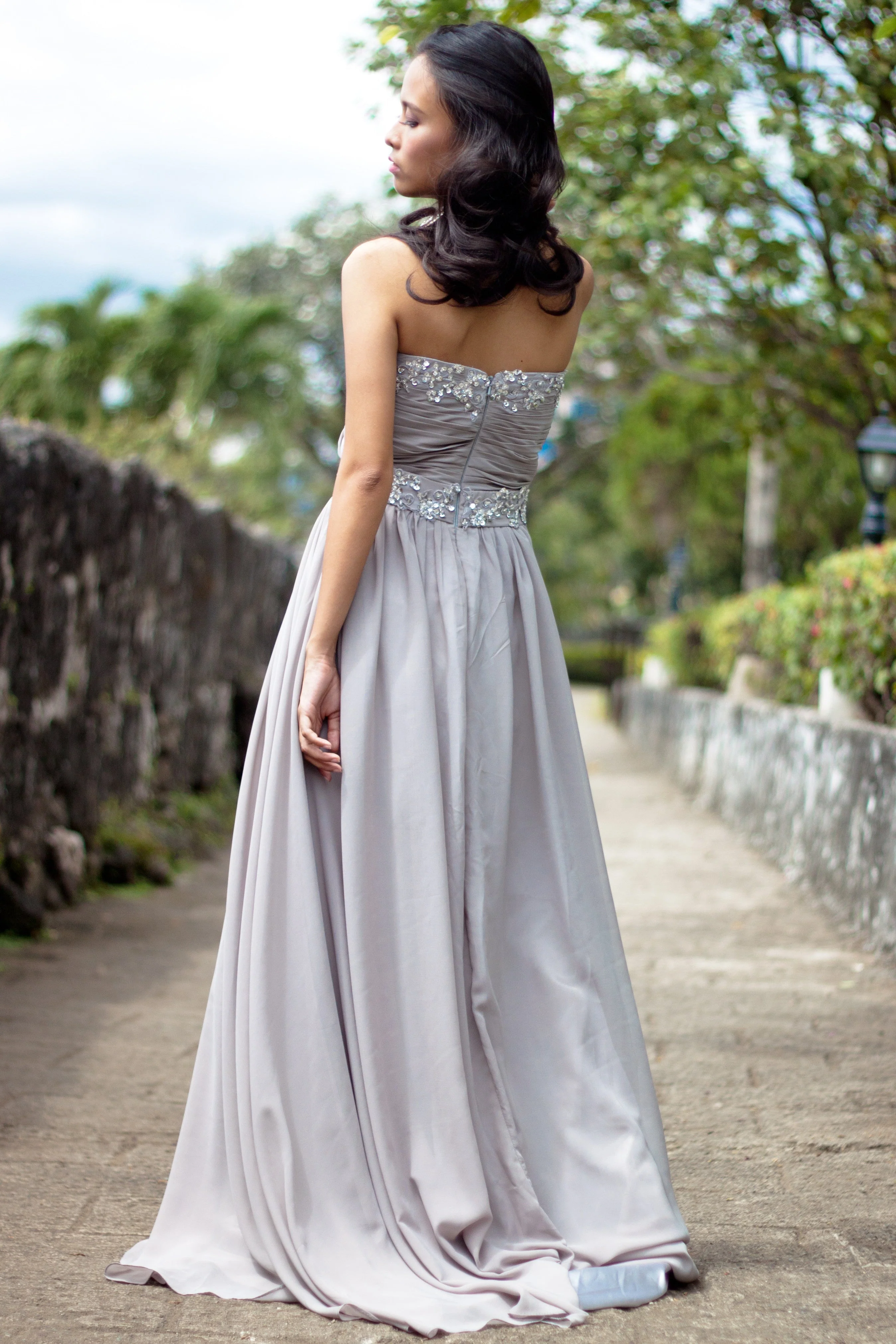 A-line Strapless Floor Length Chiffon Beaded Applique Evening Dress - Image 2