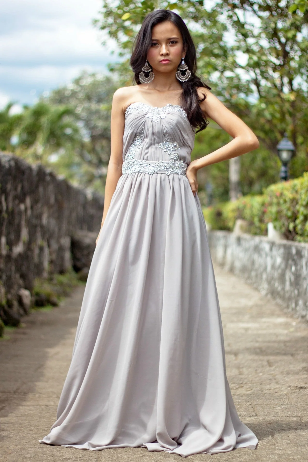 A-line Strapless Floor Length Chiffon Beaded Applique Evening Dress - Image 3