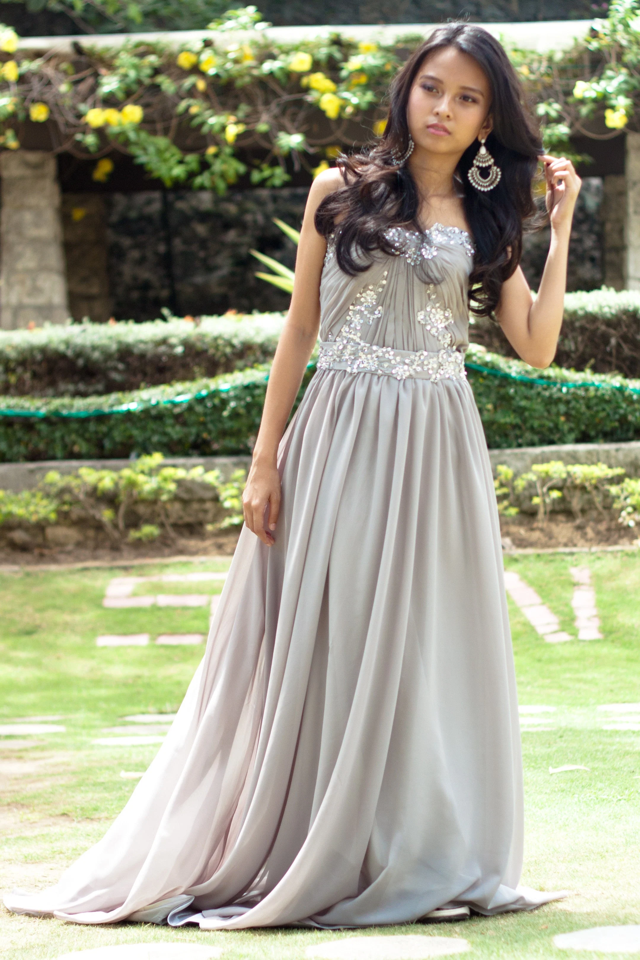 A-line Strapless Floor Length Chiffon Beaded Applique Evening Dress - Image 4