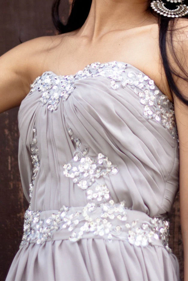 A-line Strapless Floor Length Chiffon Beaded Applique Evening Dress - Image 6