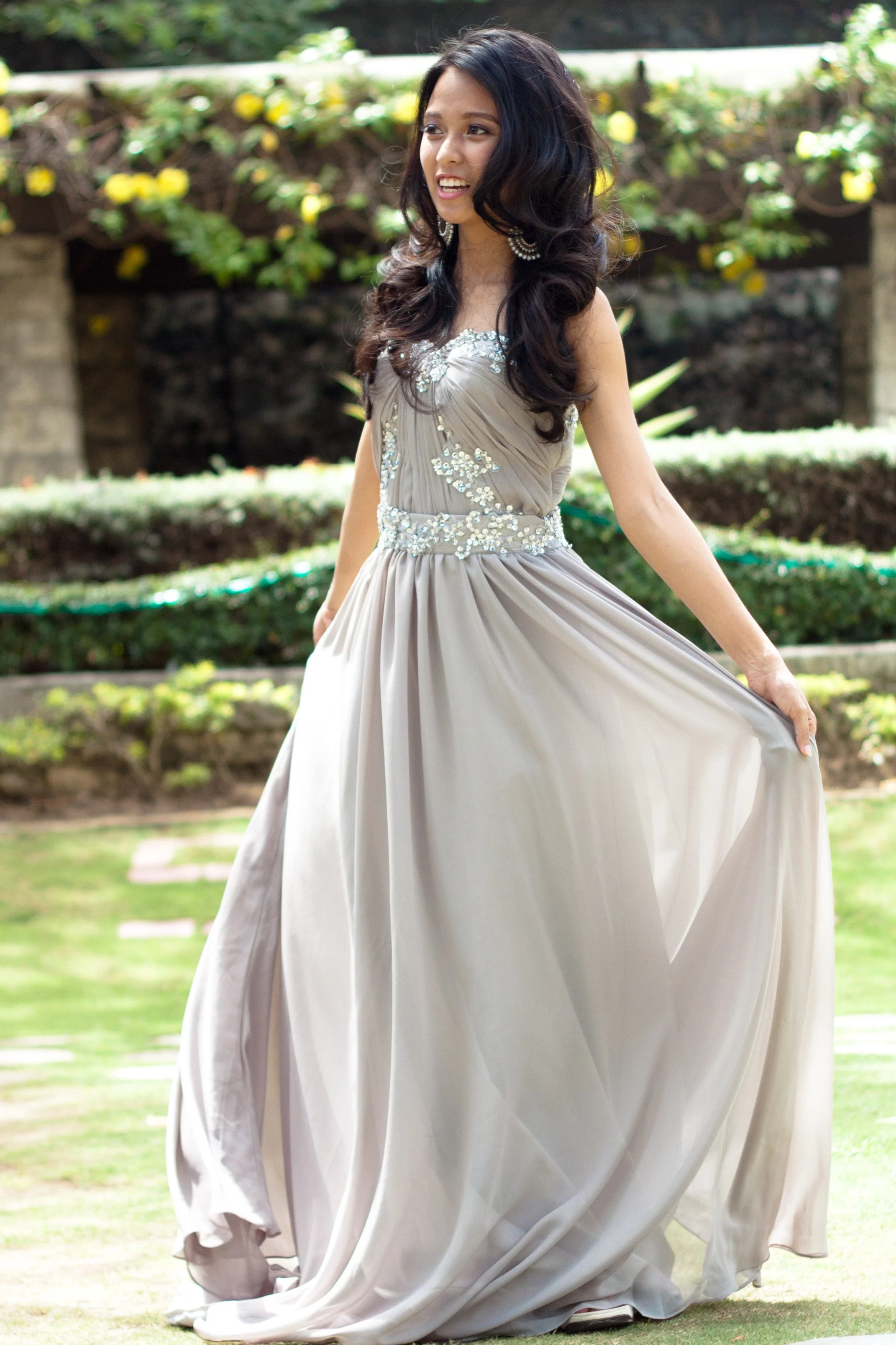 A-line Strapless Floor Length Chiffon Beaded Applique Evening Dress - Image 7
