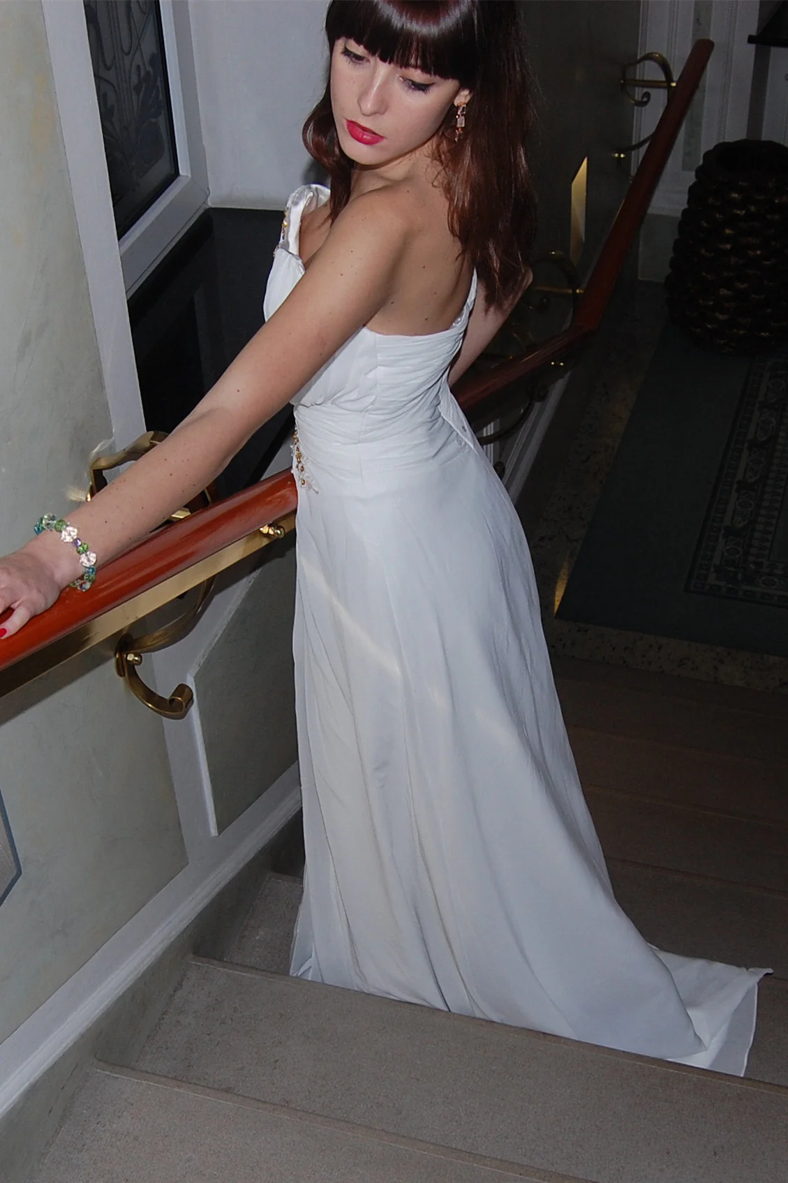 A-line Strapless Floor Length Chiffon Front Slit Rhinestone Wedding Dress - Image 6