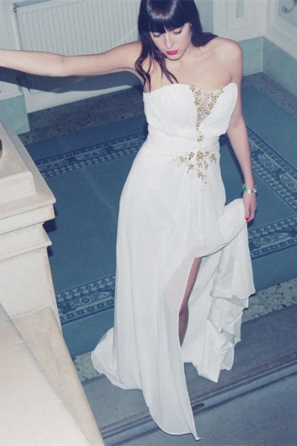 A-line Strapless Floor Length Chiffon Front Slit Rhinestone Wedding Dress - Image 7