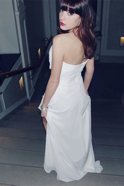 A-line Strapless Floor Length Chiffon Front Slit Rhinestone Wedding Dress - Image 8