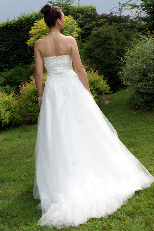 A-line Strapless Floor Length Tulle Applique Beaded Bow Wedding Dress - Image 2