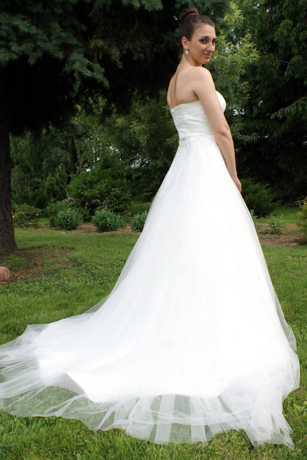 A-line Strapless Floor Length Tulle Applique Beaded Bow Wedding Dress - Image 4