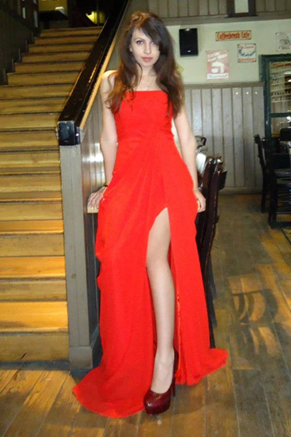 A-line Strapless Front Slit Floor Length Chiffon Evening Dress - Image 5