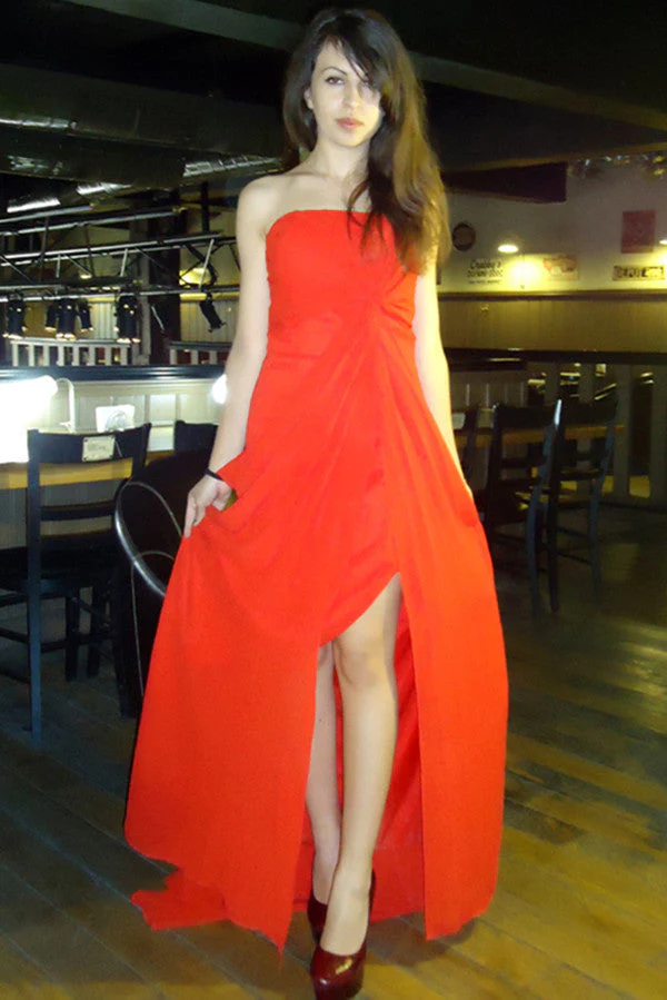 A-line Strapless Front Slit Floor Length Chiffon Evening Dress - Image 6