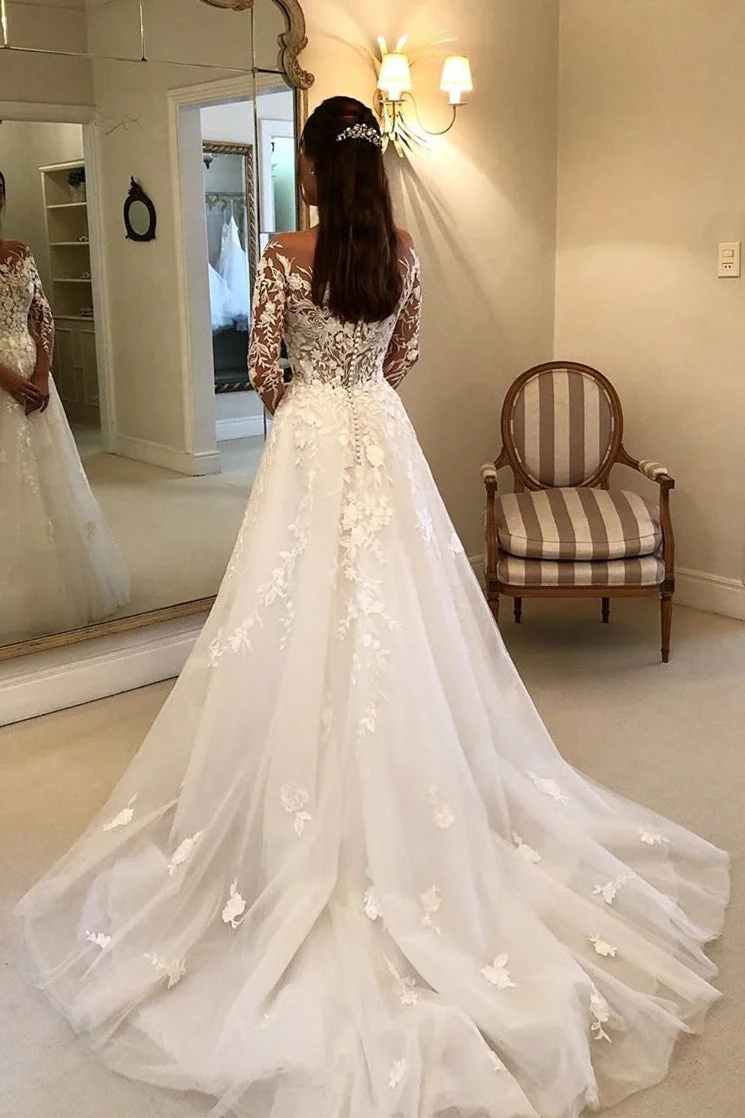 A-line Strapless Long Sleeves Court Train Tulle Applique Wedding Dress - Image 2