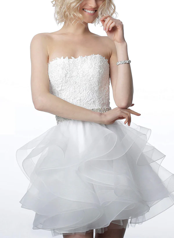 A-Line Strapless Short/Mini Lace/Tulle Homecoming Dresses With Rhinestone - Image 3