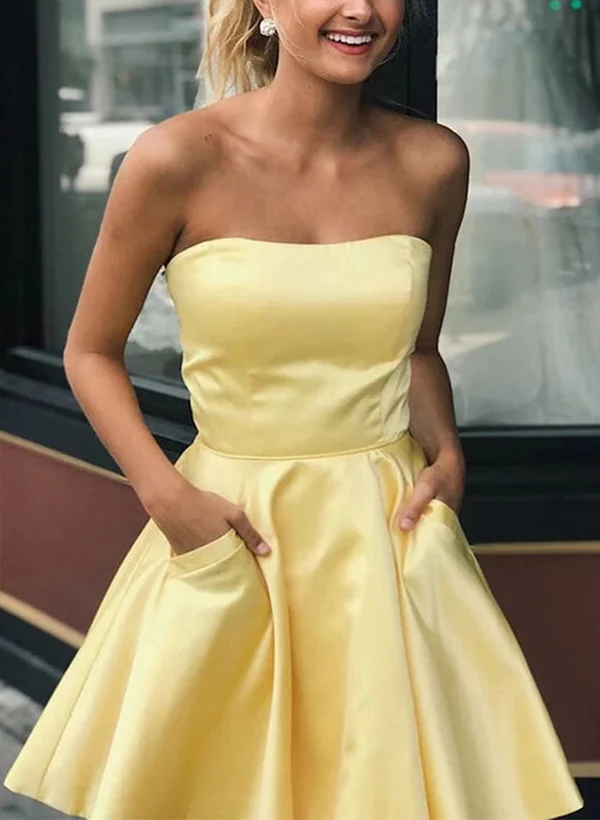 A-Line Strapless Sleeveless Short/Mini Satin Homecoming Dresses With Pockets - Image 3