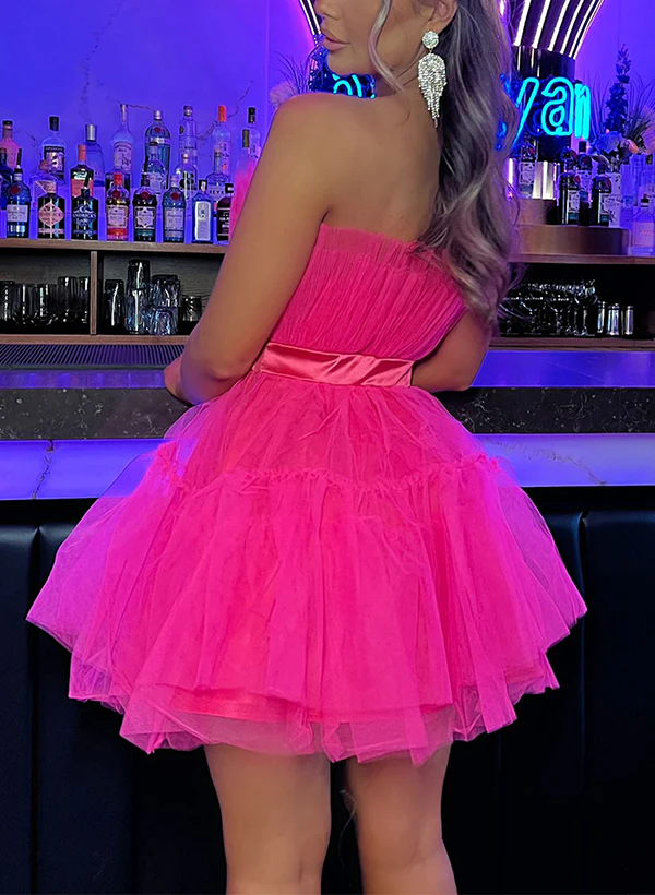 A-Line Strapless Sleeveless Short/Mini Tulle Homecoming Dresses With Sash - Image 2