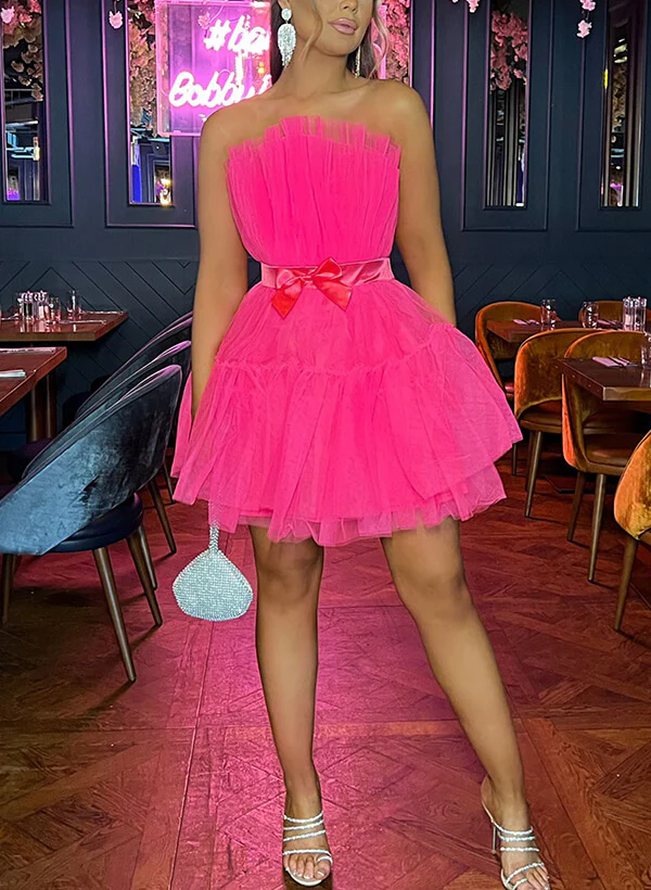 A-Line Strapless Sleeveless Short/Mini Tulle Homecoming Dresses With Sash - Image 3