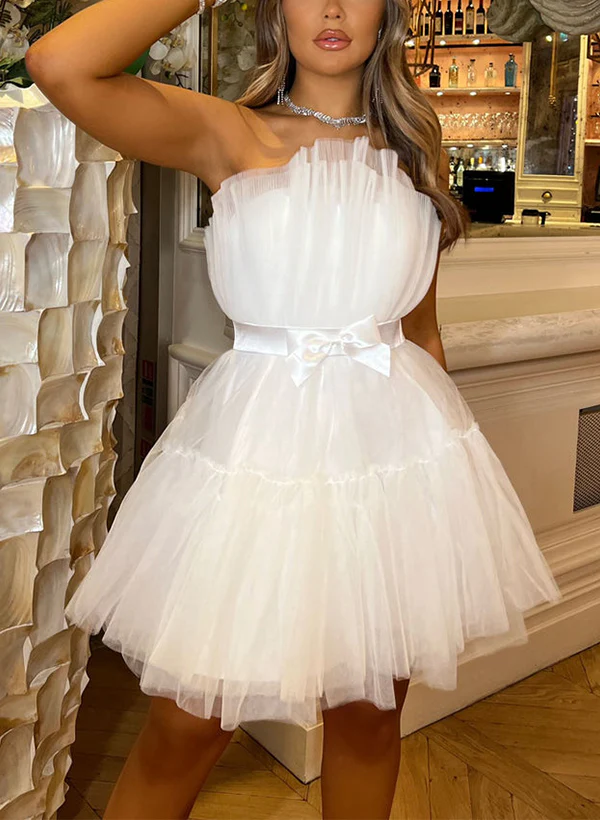 A-Line Strapless Sleeveless Short/Mini Tulle Homecoming Dresses With Sash - Image 5