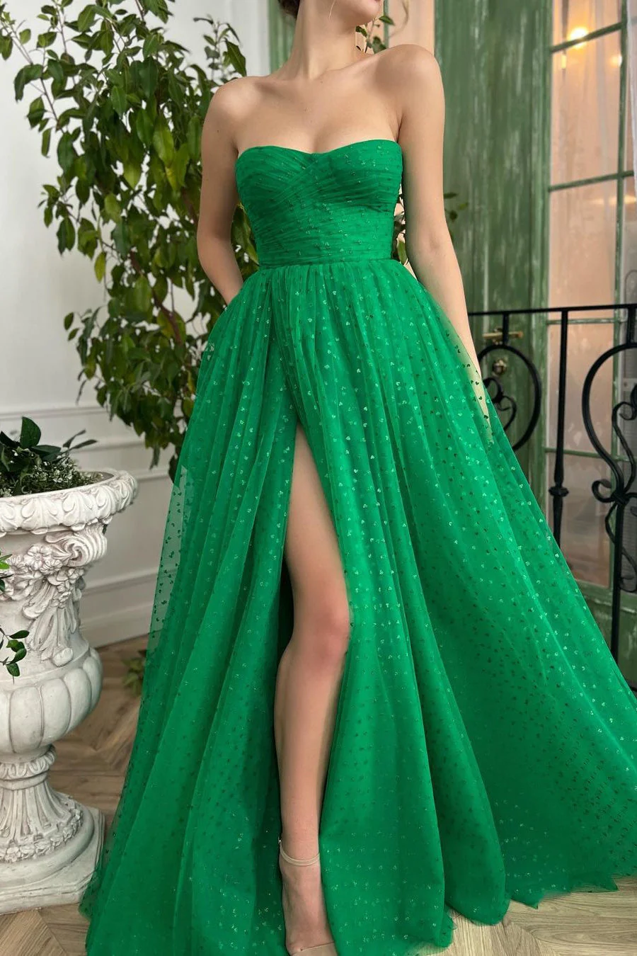 A-line Strapless Sweetheart Sequined Floor-length Sleeveless Open Back High Split Prom Dress - Image 3