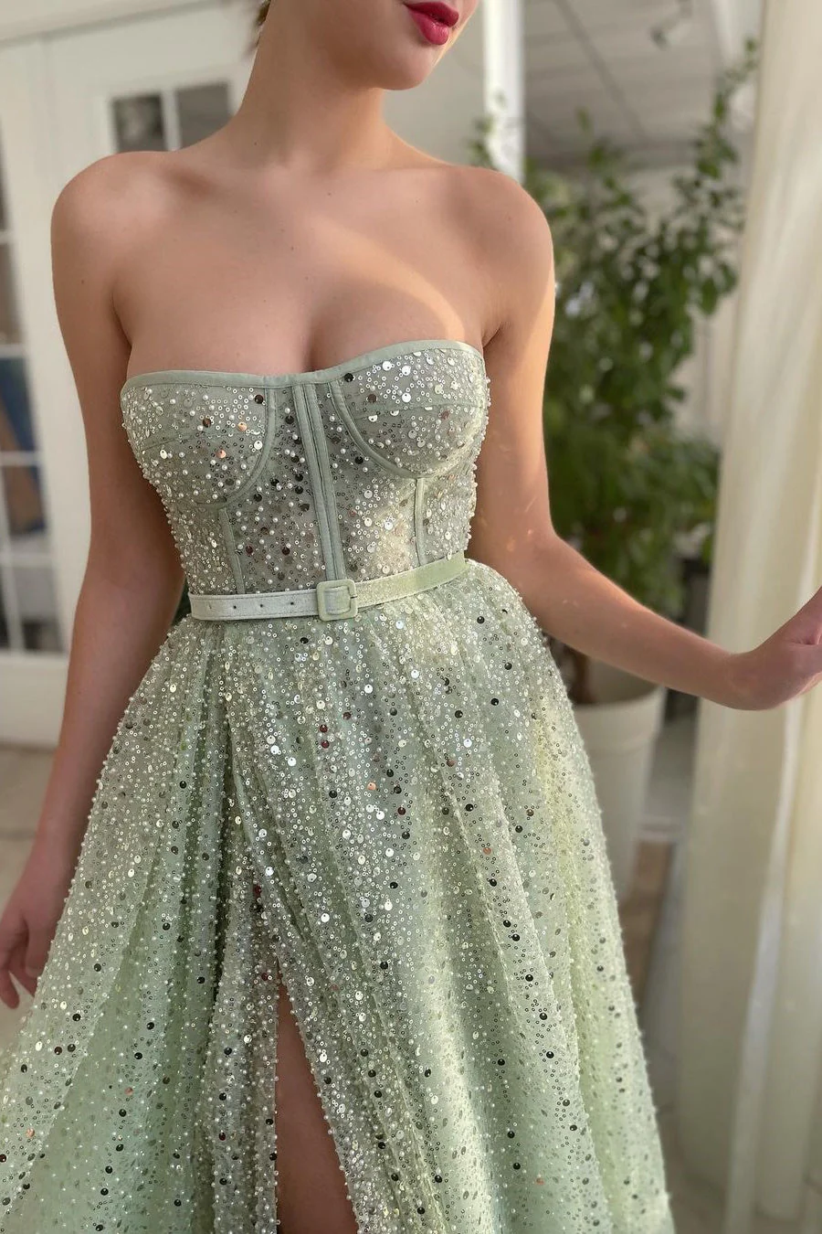 A-line Strapless Sweetheart Sequined High Split Floor-length Sleeveless Open Back Sexy Prom Dress - Image 2