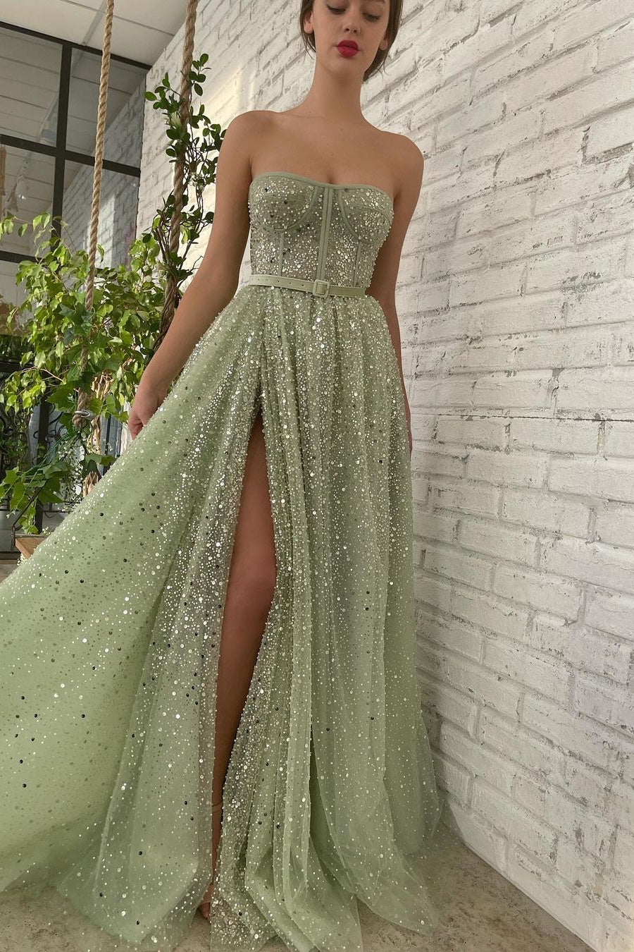 A-line Strapless Sweetheart Sequined High Split Floor-length Sleeveless Open Back Sexy Prom Dress - Image 4